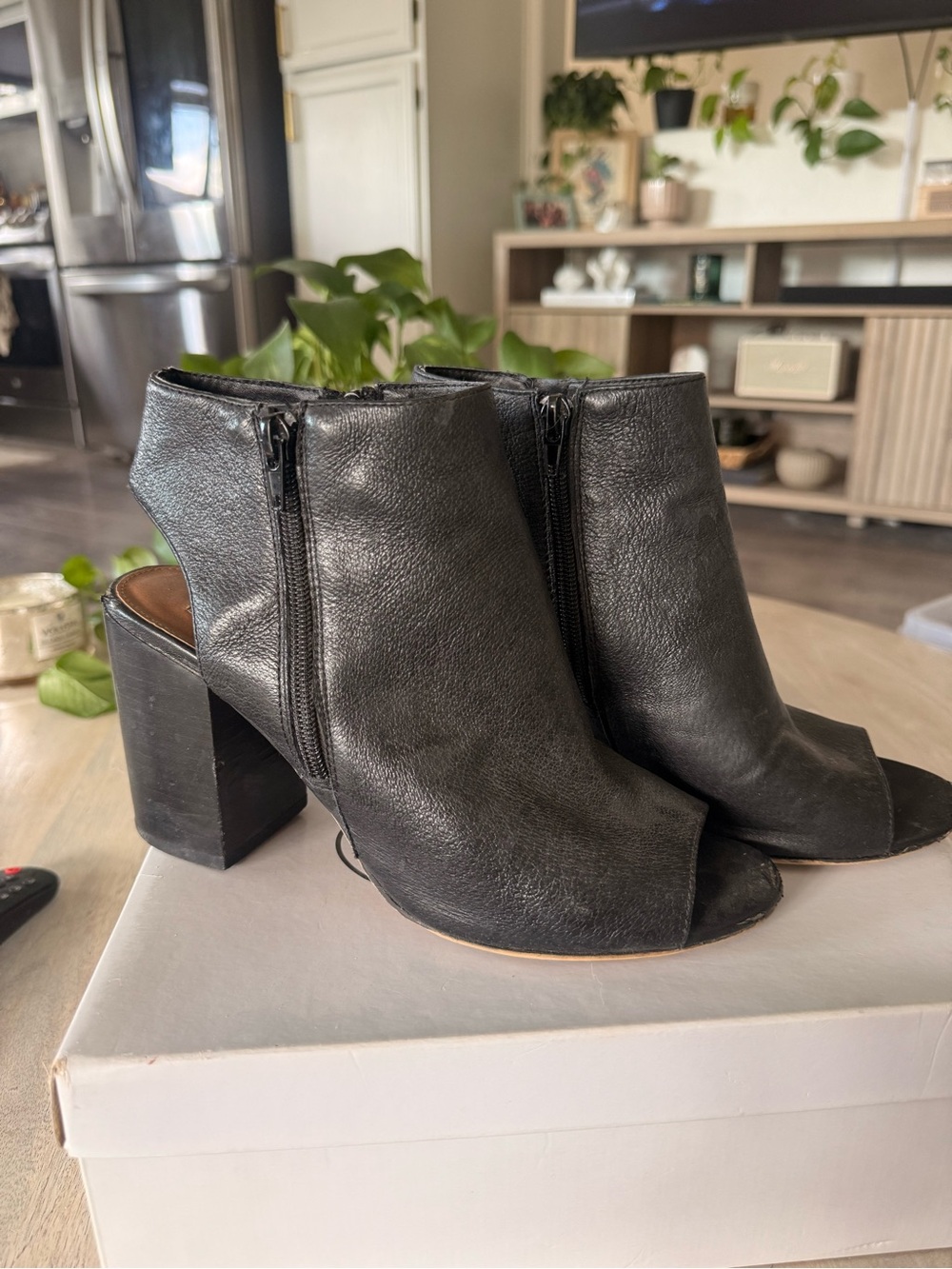 Steve Madden Black Leather Peep-Toe Block Heel Booties with Side Zips